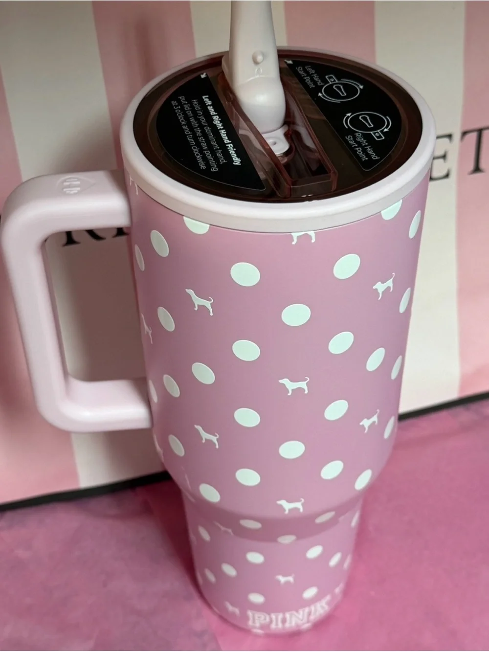 PINK Victoria's Secret Pink Polka Dot Travel Tumbler with Handle and Straw